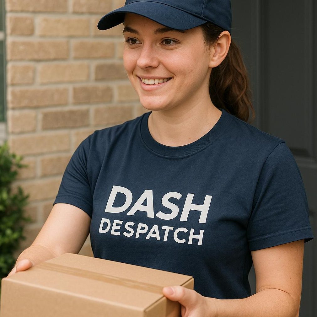 A woman in a cap and t-shirt holds a package, smiling at the doorway.