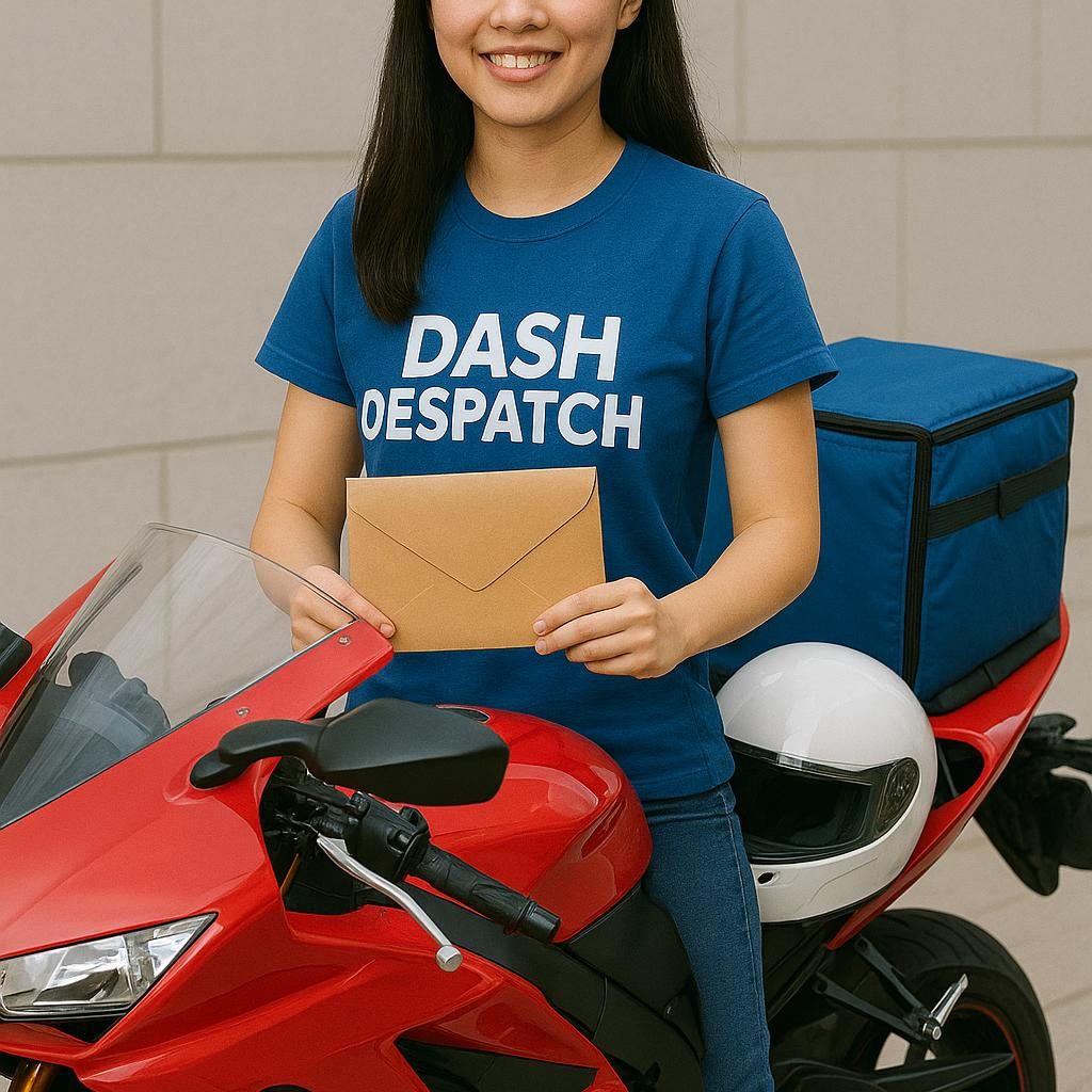 Young woman in a blue Dash Despatch shirt holding an envelope, standing by a red motorcycle.