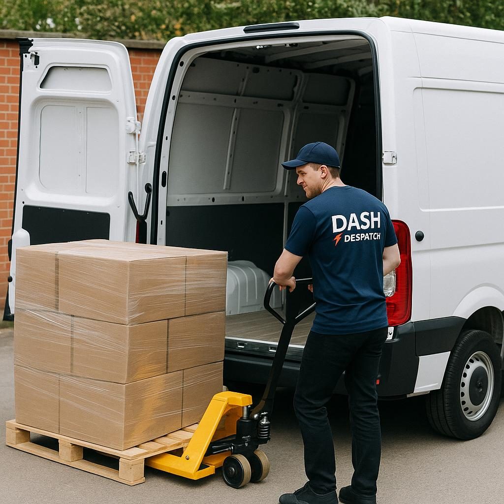 A person using a pallet jack to move stacked boxes from a van.