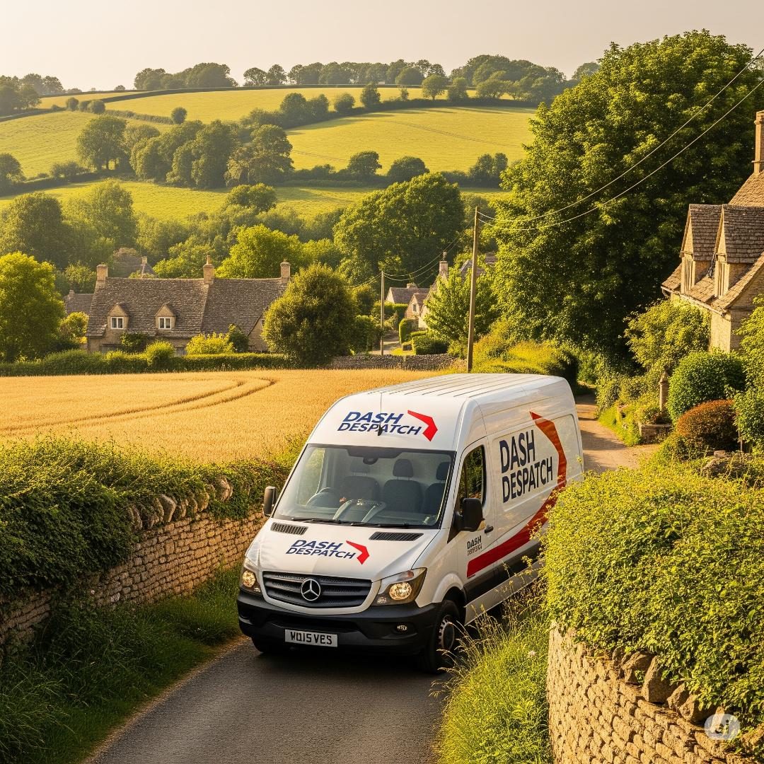 dash despatch A delivery van drives along a narrow country road surrounded by fields and hills.
